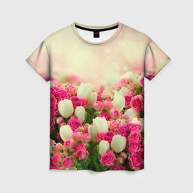 Женская футболка 3D с принтом Цветы в Екатеринбурге, 100% полиэфир ( синтетическое хлопкоподобное полотно) | прямой крой, круглый вырез горловины, длина до линии бедер | розовый | розы | цветы | яркий