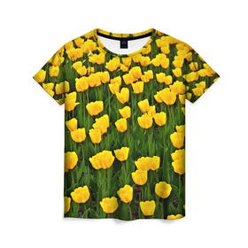 Женская футболка 3D с принтом Жёлтые тюльпаны в Екатеринбурге, 100% полиэфир ( синтетическое хлопкоподобное полотно) | прямой крой, круглый вырез горловины, длина до линии бедер | поле | цветы | яркий