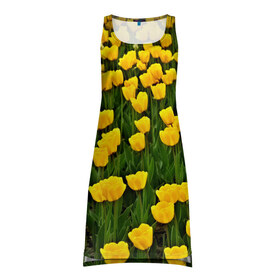 Платье-майка 3D с принтом Жёлтые тюльпаны в Екатеринбурге, 100% полиэстер | полуприлегающий силуэт, широкие бретели, круглый вырез горловины, удлиненный подол сзади. | поле | цветы | яркий