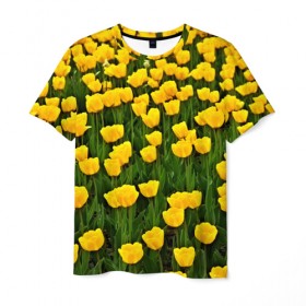 Мужская футболка 3D с принтом Жёлтые тюльпаны в Екатеринбурге, 100% полиэфир | прямой крой, круглый вырез горловины, длина до линии бедер | поле | цветы | яркий
