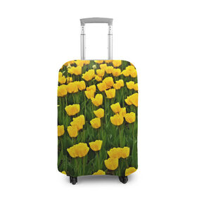Чехол для чемодана 3D с принтом Жёлтые тюльпаны в Екатеринбурге, 86% полиэфир, 14% спандекс | двустороннее нанесение принта, прорези для ручек и колес | поле | цветы | яркий