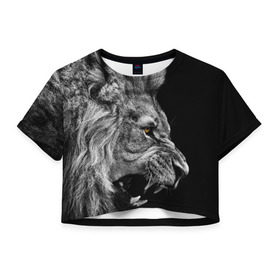 Женская футболка 3D укороченная с принтом Лев в Екатеринбурге, 100% полиэстер | круглая горловина, длина футболки до линии талии, рукава с отворотами |  грива | большая кошка | животное | зверь | зоопарк | зубы | клыки | король | лев | львица | оскал | охота | охотник | природа | рёв | рык | рычание | рычит | саванна | сафари | сила | хищник | царь