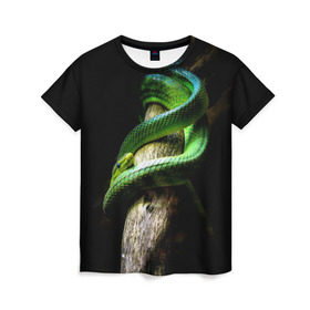 Женская футболка 3D с принтом Змея на груди в Екатеринбурге, 100% полиэфир ( синтетическое хлопкоподобное полотно) | прямой крой, круглый вырез горловины, длина до линии бедер | Тематика изображения на принте: гадюка | дерево | джунгли | зелёный змей | змея | кобра | природа | удав