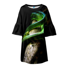 Детское платье 3D с принтом Змея на груди в Екатеринбурге, 100% полиэстер | прямой силуэт, чуть расширенный к низу. Круглая горловина, на рукавах — воланы | гадюка | дерево | джунгли | зелёный змей | змея | кобра | природа | удав