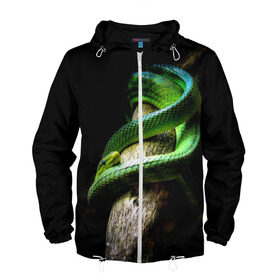 Мужская ветровка 3D с принтом Змея на груди в Екатеринбурге, 100% полиэстер | подол и капюшон оформлены резинкой с фиксаторами, два кармана без застежек по бокам, один потайной карман на груди | гадюка | дерево | джунгли | зелёный змей | змея | кобра | природа | удав