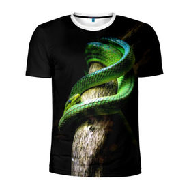 Мужская футболка 3D спортивная с принтом Змея на груди в Екатеринбурге, 100% полиэстер с улучшенными характеристиками | приталенный силуэт, круглая горловина, широкие плечи, сужается к линии бедра | Тематика изображения на принте: гадюка | дерево | джунгли | зелёный змей | змея | кобра | природа | удав