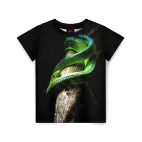 Детская футболка 3D с принтом Змея на груди в Екатеринбурге, 100% гипоаллергенный полиэфир | прямой крой, круглый вырез горловины, длина до линии бедер, чуть спущенное плечо, ткань немного тянется | гадюка | дерево | джунгли | зелёный змей | змея | кобра | природа | удав
