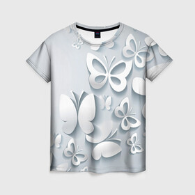 Женская футболка 3D с принтом Белоснежные бабочки в Екатеринбурге, 100% полиэфир ( синтетическое хлопкоподобное полотно) | прямой крой, круглый вырез горловины, длина до линии бедер | бабочка | девушка | кружево. красота | нежность | полёт