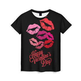 Женская футболка 3D с принтом Happy Valentine`s Day в Екатеринбурге, 100% полиэфир ( синтетическое хлопкоподобное полотно) | прямой крой, круглый вырез горловины, длина до линии бедер | 14 | february | happy valentines day | holiday | kisses | lips | love | губы | любовь | поцелуи | праздник | счастливый день святого валентина | февраль