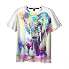 Мужская футболка 3D с принтом Слоны в Екатеринбурге, 100% полиэфир | прямой крой, круглый вырез горловины, длина до линии бедер | Тематика изображения на принте: animal | art | bright | child | color | elephants | family | mother | rainbow | spectrum | животные | искусство | мама | радуга | ребенок | семья | слоны | спектр | цвета | яркие