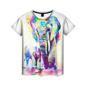 Женская футболка 3D с принтом Слоны в Екатеринбурге, 100% полиэфир ( синтетическое хлопкоподобное полотно) | прямой крой, круглый вырез горловины, длина до линии бедер | animal | art | bright | child | color | elephants | family | mother | rainbow | spectrum | животные | искусство | мама | радуга | ребенок | семья | слоны | спектр | цвета | яркие
