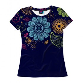 Женская футболка 3D с принтом Яркие чувства в Екатеринбурге, 100% полиэфир ( синтетическое хлопкоподобное полотно) | прямой крой, круглый вырез горловины, длина до линии бедер | нежный | орнамент | узор | цветочный