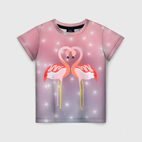 Детская футболка 3D с принтом Влюбленные фламинго в Екатеринбурге, 100% гипоаллергенный полиэфир | прямой крой, круглый вырез горловины, длина до линии бедер, чуть спущенное плечо, ткань немного тянется | 14 февраля | день всех влюбленных | любовь | птицы | фламинго