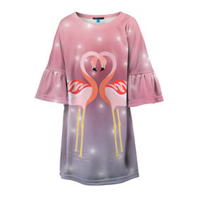 Детское платье 3D с принтом Влюбленные фламинго в Екатеринбурге, 100% полиэстер | прямой силуэт, чуть расширенный к низу. Круглая горловина, на рукавах — воланы | 14 февраля | день всех влюбленных | любовь | птицы | фламинго