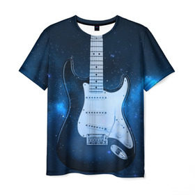 Мужская футболка 3D с принтом Космическая гитара в Екатеринбурге, 100% полиэфир | прямой крой, круглый вырез горловины, длина до линии бедер | fender | stratocaster | вселенная | галактика | гитра | космос | музыка | рок | рокнрол | стратокастер | туманность | фендер | электро | электрогитара
