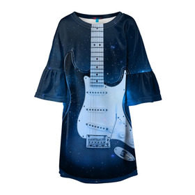 Детское платье 3D с принтом Космическая гитара в Екатеринбурге, 100% полиэстер | прямой силуэт, чуть расширенный к низу. Круглая горловина, на рукавах — воланы | fender | stratocaster | вселенная | галактика | гитра | космос | музыка | рок | рокнрол | стратокастер | туманность | фендер | электро | электрогитара