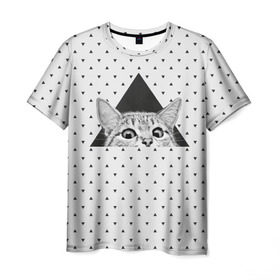 Мужская футболка 3D с принтом Взгляд кота в Екатеринбурге, 100% полиэфир | прямой крой, круглый вырез горловины, длина до линии бедер | animal | beast | cat | feline | kitty | meow | triangle | взгляд | геометрия | животное | зверь | китти | кот | котенок | кошка | мяу | треугольник
