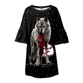 Детское платье 3D с принтом Серый волк в Екатеринбурге, 100% полиэстер | прямой силуэт, чуть расширенный к низу. Круглая горловина, на рукавах — воланы | angry | animal | beast | heaven | moon | night | rage | sky | star | wild | wolf | волк | дикий | животное | звезды | зверь | злость | красная шапочка | луна | небеса | небо | ночь | сказка | ярость