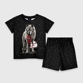 Детский костюм с шортами 3D с принтом Серый волк в Екатеринбурге,  |  | angry | animal | beast | heaven | moon | night | rage | sky | star | wild | wolf | волк | дикий | животное | звезды | зверь | злость | красная шапочка | луна | небеса | небо | ночь | сказка | ярость