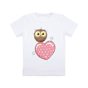 Детская футболка хлопок с принтом Совёнок на сердце в Екатеринбурге, 100% хлопок | круглый вырез горловины, полуприлегающий силуэт, длина до линии бедер | Тематика изображения на принте: птицы
