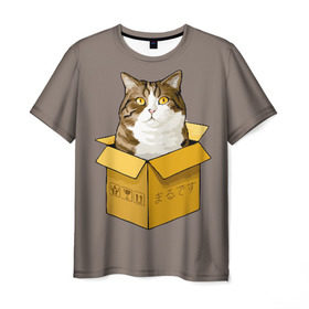 Мужская футболка 3D с принтом Maru в Екатеринбурге, 100% полиэфир | прямой крой, круглый вырез горловины, длина до линии бедер | cat | maru | коробка | кот в коробке | кот мару | котейка | кошка | мару | прикол