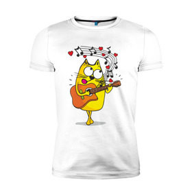 Мужская футболка премиум с принтом Кот с гитарой в Екатеринбурге, 92% хлопок, 8% лайкра | приталенный силуэт, круглый вырез ворота, длина до линии бедра, короткий рукав | cat | kitten | кoтенок | киса | кот | котик | котэ | котяра | кошечка