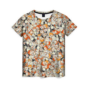 Женская футболка 3D с принтом Суши в Екатеринбурге, 100% полиэфир ( синтетическое хлопкоподобное полотно) | прямой крой, круглый вырез горловины, длина до линии бедер | sushi | деликатес | закуска | куча | рис | роллы | ролы | рыба | фастфуд | япония