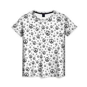 Женская футболка 3D с принтом Peace Symbol в Екатеринбурге, 100% полиэфир ( синтетическое хлопкоподобное полотно) | прямой крой, круглый вырез горловины, длина до линии бедер | Тематика изображения на принте: love | peace | symbol | знак | любовь | мир | пацифик | пацифика | сигнал | символ | хиппи