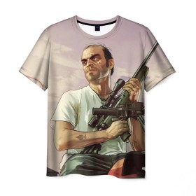 Мужская футболка 3D с принтом GTA 5 в Екатеринбурге, 100% полиэфир | прямой крой, круглый вырез горловины, длина до линии бедер | gta 5 | автоматы | игры | мужчины | трое 3