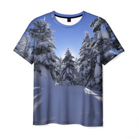 Мужская футболка 3D с принтом Зимний лес в Екатеринбурге, 100% полиэфир | прямой крой, круглый вырез горловины, длина до линии бедер | времена года | ель | зима | леса | лучи света | природа | снег