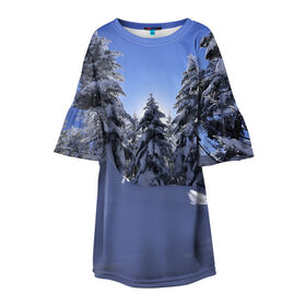 Детское платье 3D с принтом Зимний лес в Екатеринбурге, 100% полиэстер | прямой силуэт, чуть расширенный к низу. Круглая горловина, на рукавах — воланы | Тематика изображения на принте: времена года | ель | зима | леса | лучи света | природа | снег