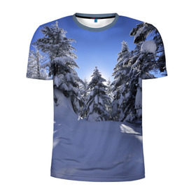 Мужская футболка 3D спортивная с принтом Зимний лес в Екатеринбурге, 100% полиэстер с улучшенными характеристиками | приталенный силуэт, круглая горловина, широкие плечи, сужается к линии бедра | времена года | ель | зима | леса | лучи света | природа | снег