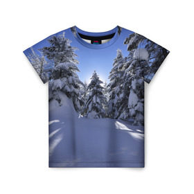 Детская футболка 3D с принтом Зимний лес в Екатеринбурге, 100% гипоаллергенный полиэфир | прямой крой, круглый вырез горловины, длина до линии бедер, чуть спущенное плечо, ткань немного тянется | Тематика изображения на принте: времена года | ель | зима | леса | лучи света | природа | снег