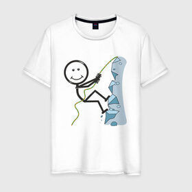 Мужская футболка хлопок с принтом Скалолаз в Екатеринбурге, 100% хлопок | прямой крой, круглый вырез горловины, длина до линии бедер, слегка спущенное плечо. | бытие | дело | жизнь | занятие | космос | любовь | мир | природа | профессия | человек