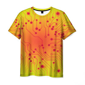 Мужская футболка 3D с принтом Нано Технологии в Екатеринбурге, 100% полиэфир | прямой крой, круглый вырез горловины, длина до линии бедер | Тематика изображения на принте: желтый | кибер | микросхема | оранжевый