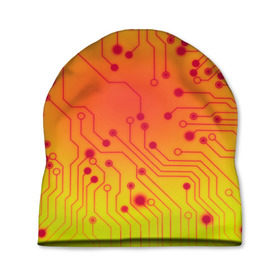 Шапка 3D с принтом Нано Технологии в Екатеринбурге, 100% полиэстер | универсальный размер, печать по всей поверхности изделия | желтый | кибер | микросхема | оранжевый