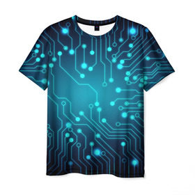 Мужская футболка 3D с принтом SkyNet в Екатеринбурге, 100% полиэфир | прямой крой, круглый вырез горловины, длина до линии бедер | бирюзовый | кибер | микросхема | яркий