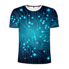Мужская футболка 3D спортивная с принтом SkyNet в Екатеринбурге, 100% полиэстер с улучшенными характеристиками | приталенный силуэт, круглая горловина, широкие плечи, сужается к линии бедра | Тематика изображения на принте: бирюзовый | кибер | микросхема | яркий