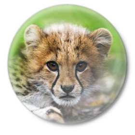 Значок с принтом Котёнок гепарда в Екатеринбурге,  металл | круглая форма, металлическая застежка в виде булавки | гепард | дикая кошка | котёнок | кошка | лев | природа | тигр | хищник | ягуар