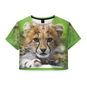 Женская футболка 3D укороченная с принтом Котёнок гепарда в Екатеринбурге, 100% полиэстер | круглая горловина, длина футболки до линии талии, рукава с отворотами | гепард | дикая кошка | котёнок | кошка | лев | природа | тигр | хищник | ягуар