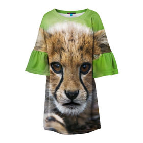Детское платье 3D с принтом Котёнок гепарда в Екатеринбурге, 100% полиэстер | прямой силуэт, чуть расширенный к низу. Круглая горловина, на рукавах — воланы | гепард | дикая кошка | котёнок | кошка | лев | природа | тигр | хищник | ягуар