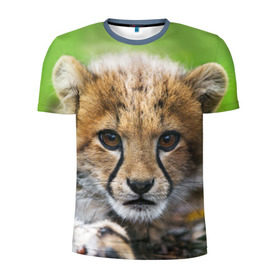 Мужская футболка 3D спортивная с принтом Котёнок гепарда в Екатеринбурге, 100% полиэстер с улучшенными характеристиками | приталенный силуэт, круглая горловина, широкие плечи, сужается к линии бедра | Тематика изображения на принте: гепард | дикая кошка | котёнок | кошка | лев | природа | тигр | хищник | ягуар