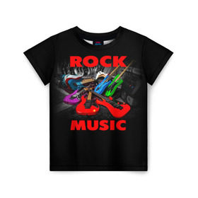 Детская футболка 3D с принтом Rock music в Екатеринбурге, 100% гипоаллергенный полиэфир | прямой крой, круглый вырез горловины, длина до линии бедер, чуть спущенное плечо, ткань немного тянется | гитара | музыка | рок | рокер | электрогитара