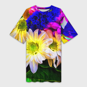 Платье-футболка 3D с принтом Райские цветы в Екатеринбурге,  |  | color | колорит | лепестки | цвет | цветок | цветочки | цветы