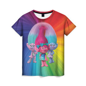 Женская футболка 3D с принтом Тролли в Екатеринбурге, 100% полиэфир ( синтетическое хлопкоподобное полотно) | прямой крой, круглый вырез горловины, длина до линии бедер | princess poppy | troll poppy | troll satin and chenille | trolls | розочка | сатинка и синелька | тролли | цветан