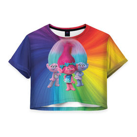 Женская футболка 3D укороченная с принтом Тролли в Екатеринбурге, 100% полиэстер | круглая горловина, длина футболки до линии талии, рукава с отворотами | princess poppy | troll poppy | troll satin and chenille | trolls | розочка | сатинка и синелька | тролли | цветан