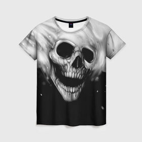 Женская футболка 3D с принтом Череп в Екатеринбурге, 100% полиэфир ( синтетическое хлопкоподобное полотно) | прямой крой, круглый вырез горловины, длина до линии бедер | black and white | fire | skull | монстр | огонь | привидение | череп | чёрно белый