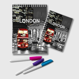 Блокнот с принтом Улицы Лондона в Екатеринбурге, 100% бумага | 48 листов, плотность листов — 60 г/м2, плотность картонной обложки — 250 г/м2. Листы скреплены удобной пружинной спиралью. Цвет линий — светло-серый
 | Тематика изображения на принте: bus | city | england | evening | lights | london | night | street | two storey | united kingdom | автобус | англия | великобритания | вечер | город | двухэтажный | лондон | ночь | огни | улица