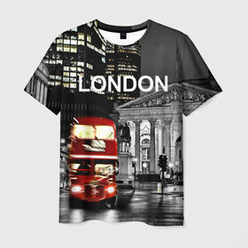 Мужская футболка 3D с принтом Улицы Лондона в Екатеринбурге, 100% полиэфир | прямой крой, круглый вырез горловины, длина до линии бедер | bus | city | england | evening | lights | london | night | street | two storey | united kingdom | автобус | англия | великобритания | вечер | город | двухэтажный | лондон | ночь | огни | улица