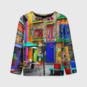 Детский лонгслив 3D с принтом Улицы Лондона в Екатеринбурге, 100% полиэстер | длинные рукава, круглый вырез горловины, полуприлегающий силуэт
 | bright | city | color | courtyard | england | london | paint | street | united kingdom | англия | великобритания | город | дворик | краски | лондон | улица | цвет | яркие